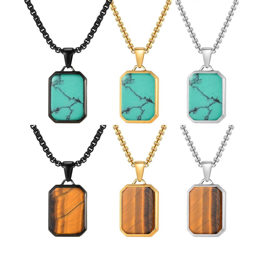 Stainless Steel Geometric Necklace Rectangular Pendant Necklace Stone Neck Jewelry Chain Necklace Suitable for Men