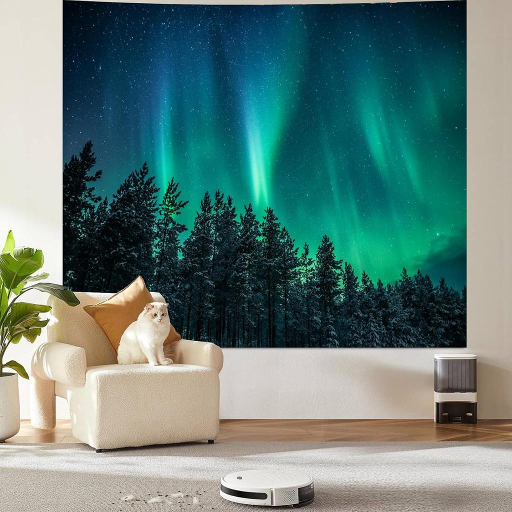 VIKAMA Northern Lights Forest Tapestry Green Aurora Borealis  Pine Tree Print Wall Hanging for Living Room Bedroom Decor