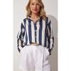 Women's Navy Blue Cream Striped Satin Shirt