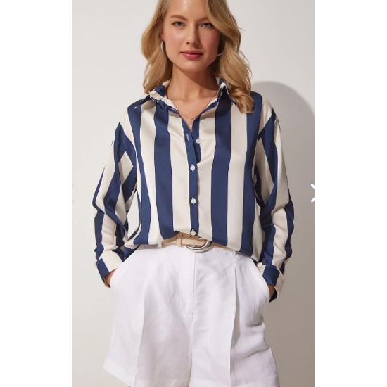 Women's Navy Blue Cream Striped Satin Shirt