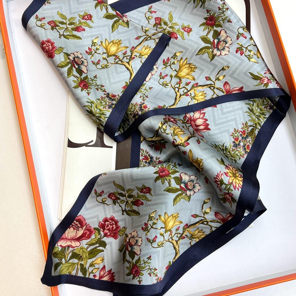 Silk Scarf Temperament Versatile Blue Floral Mulberry Silk Silk Scarf Thin Narrow Long Double-Sided Scarf Streamer