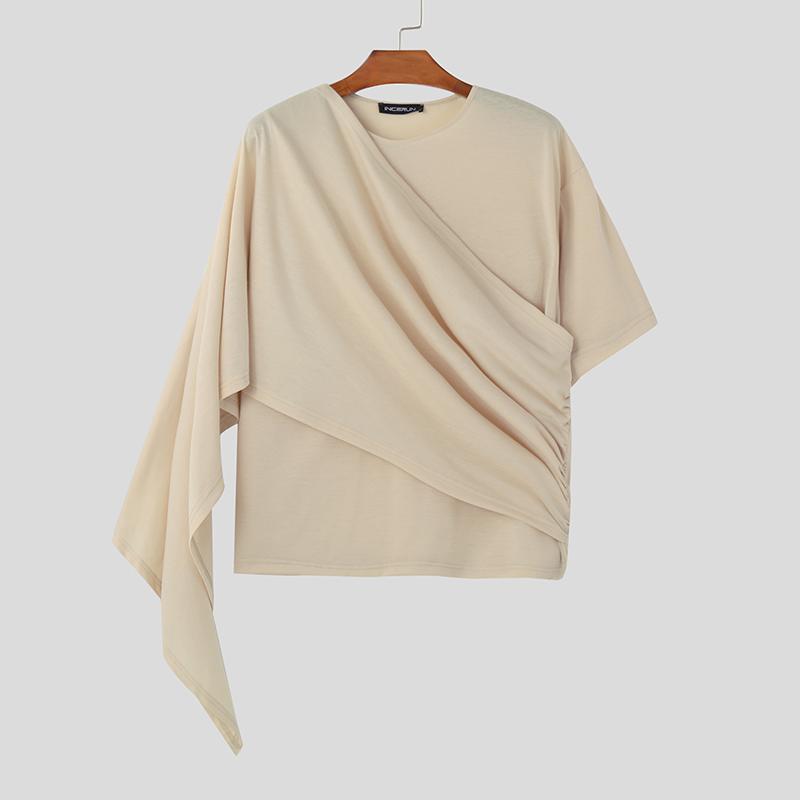 INCERUN Мужские нестандартные топы с рюшами, повседневные однотонные футболки из ткани