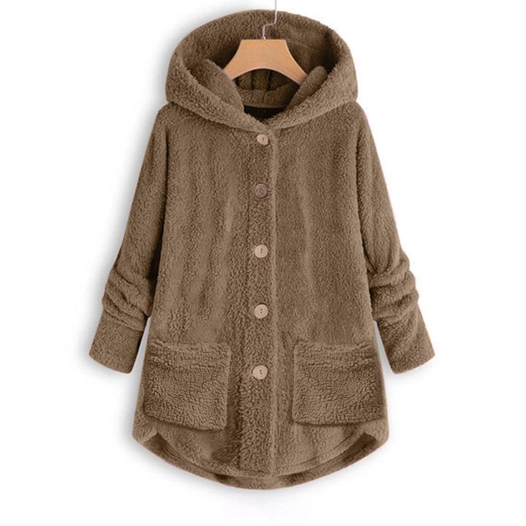 Solid Color Plush Jacket Women's Button Irregular Hooded Irregular Long Sleeve Top Plus Size