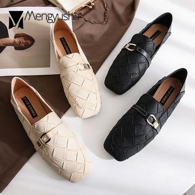 Мода 2024 года, женские трикотажные туфли на плоской подошве с металлической пряжкой на ремне, эспадрильи без застежек, женские удобные мокасины с квадратным носком, размеры 35-41