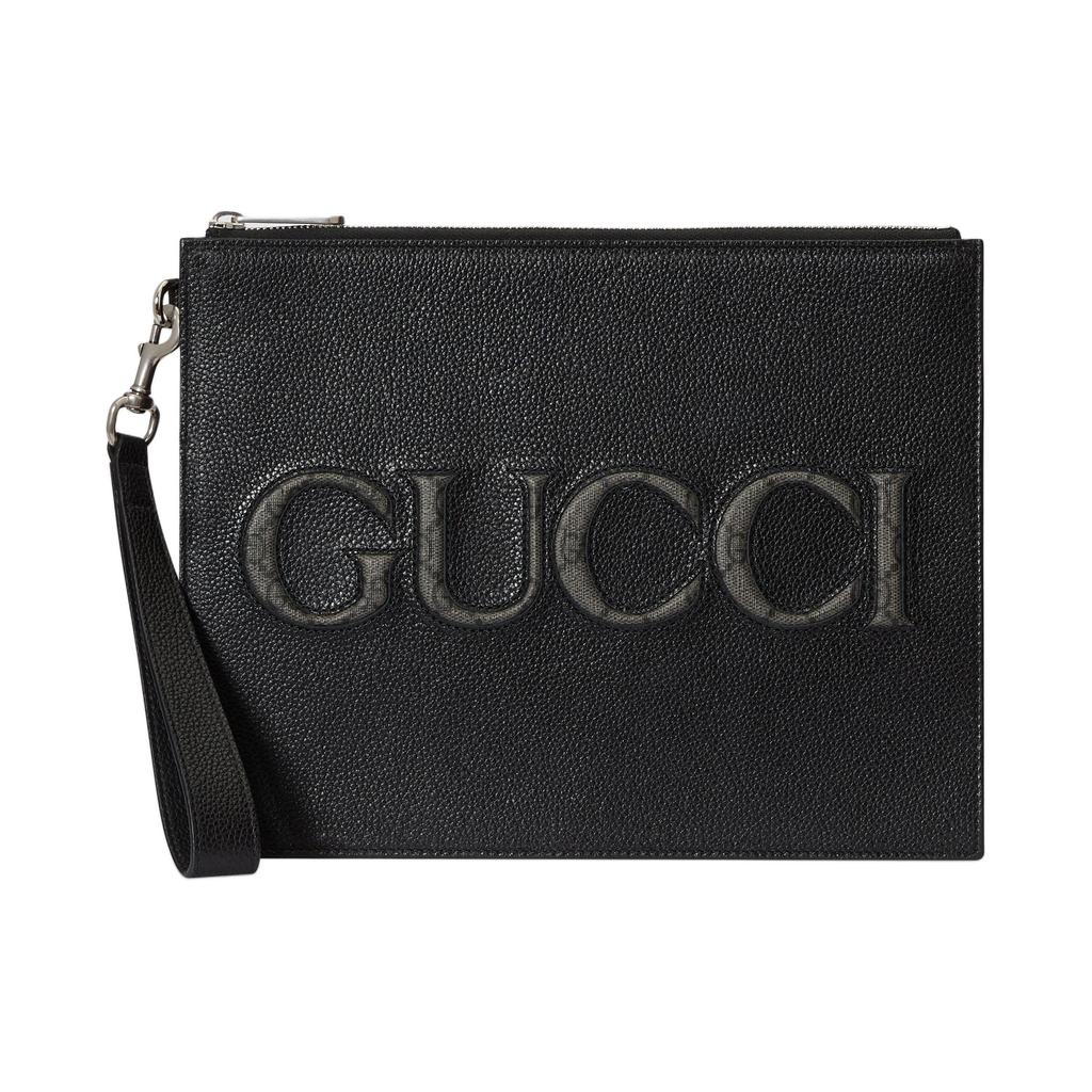 Gucci Floral Logo Mixed Classic Leather And Canvas Trim Clutch Men clutch Black 768374-AACXC-1050