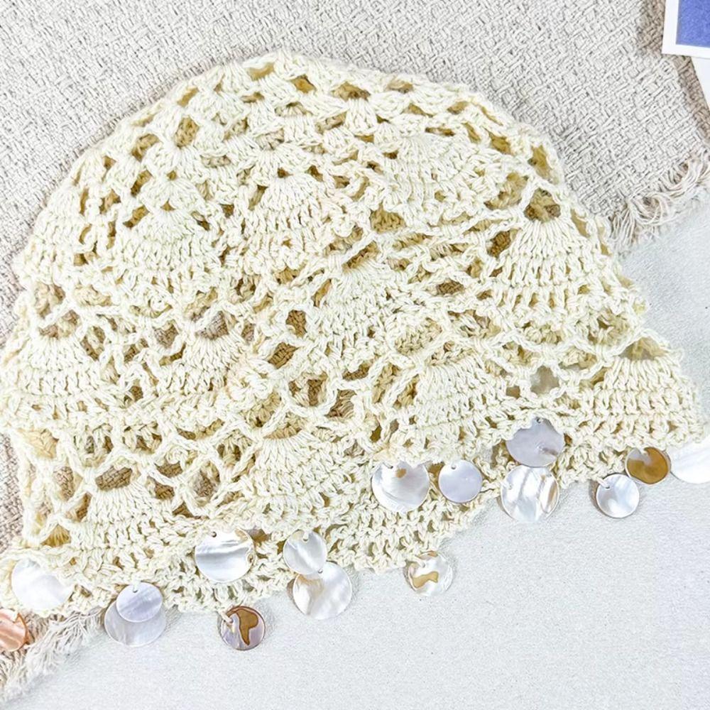 Thin Shell Tassels Hat Elegant Bohemian Style Beanies Retro Hollowed Out Knitted Hat Girls