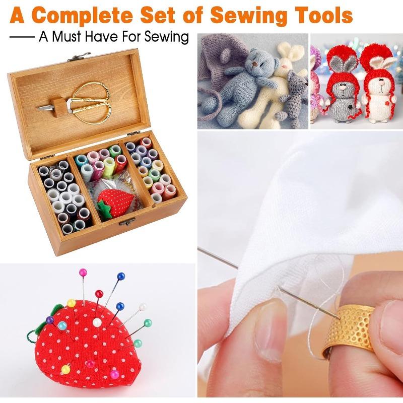 Wooden sewing box with 186 sewing accessories, base equipment for sewing tools, 3 compartments to store needles and thread, sewing box