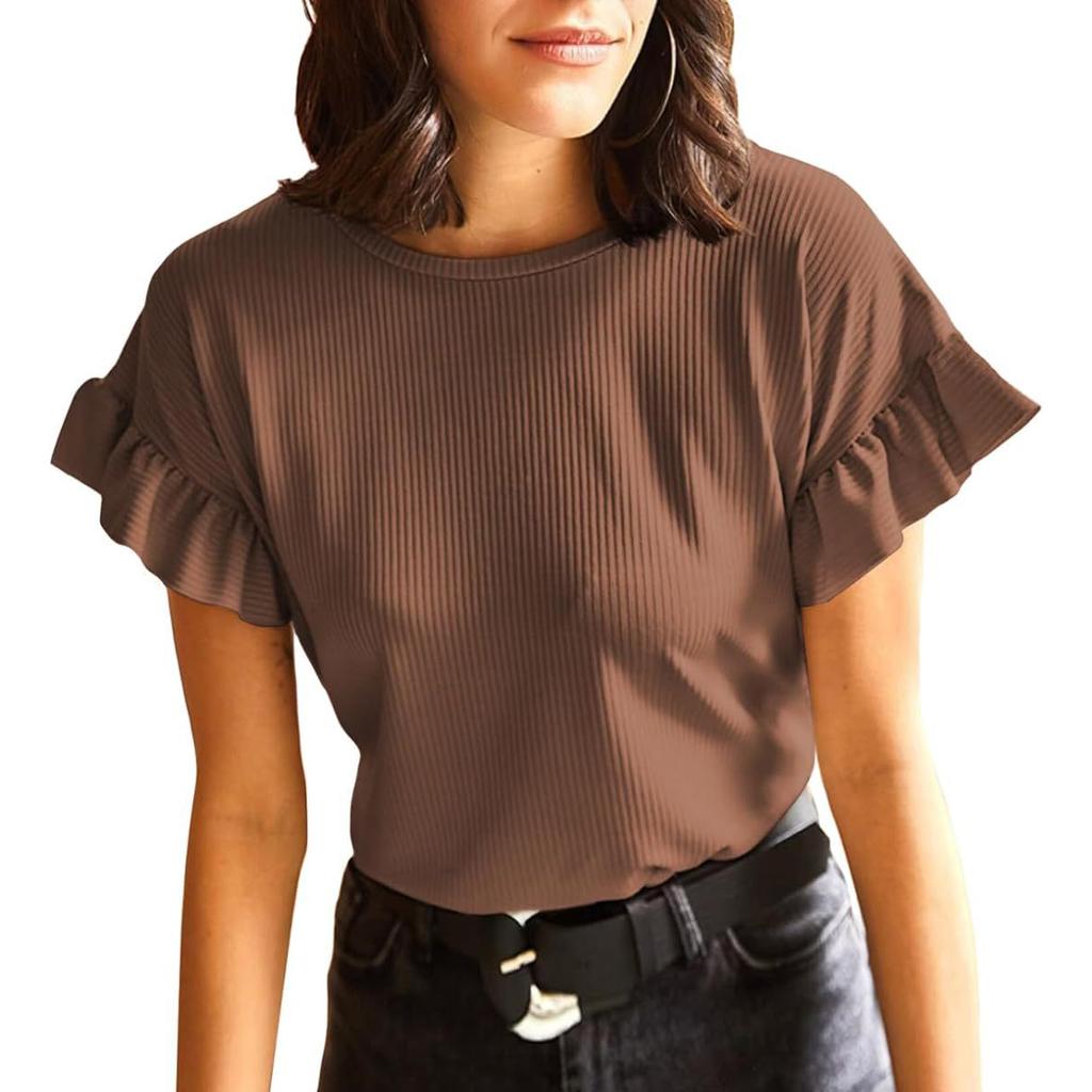 Женская футболка с коротким рукавом, повседневные базовые футболки, летние однотонные вязаные футболки свободного покроя с рюшами и круглым вырезом, блузки