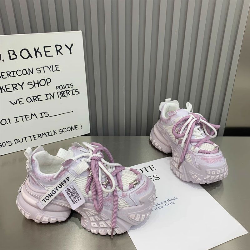 Korean Version of Retro Slim Daddy Shoes Women's 2025 New Breathable Mesh Letter Platform Casual Sports Shoes