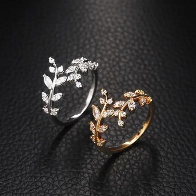 Корейские Открытые Кольца с Дизайном Листьев Для Женщин Сверкающий Фианит CZ Регулируемое Кольцо Вечеринка Повседневная Носка Ювелирный Подарок