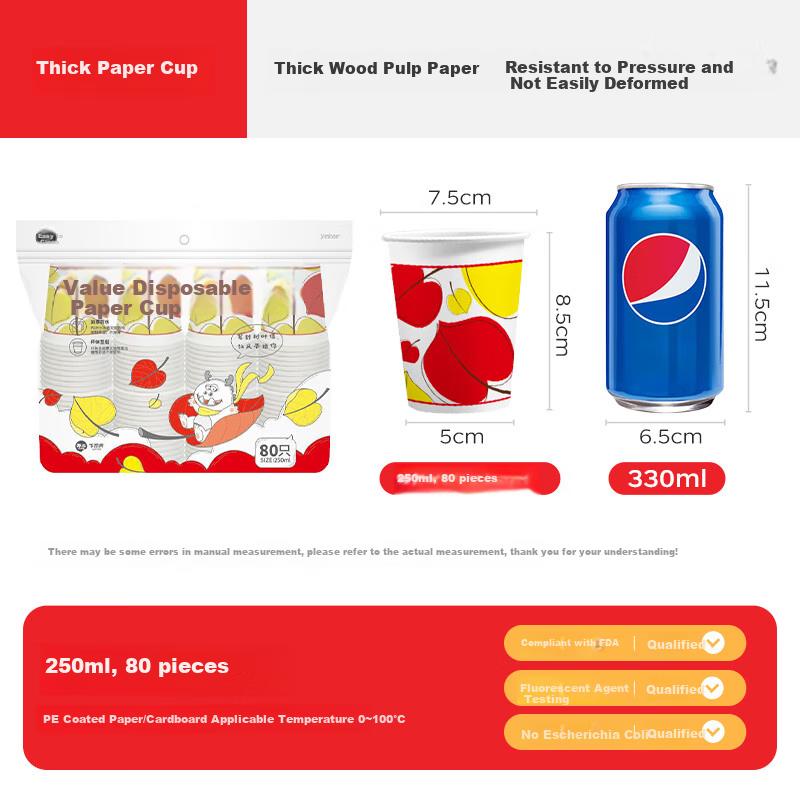 Yekee Disposable Cups, Thick Paper Cups, 250ml*80 Pieces, Food-Grade, for Business And Home Use, Coffee Cups, Water Cups, Y-9926