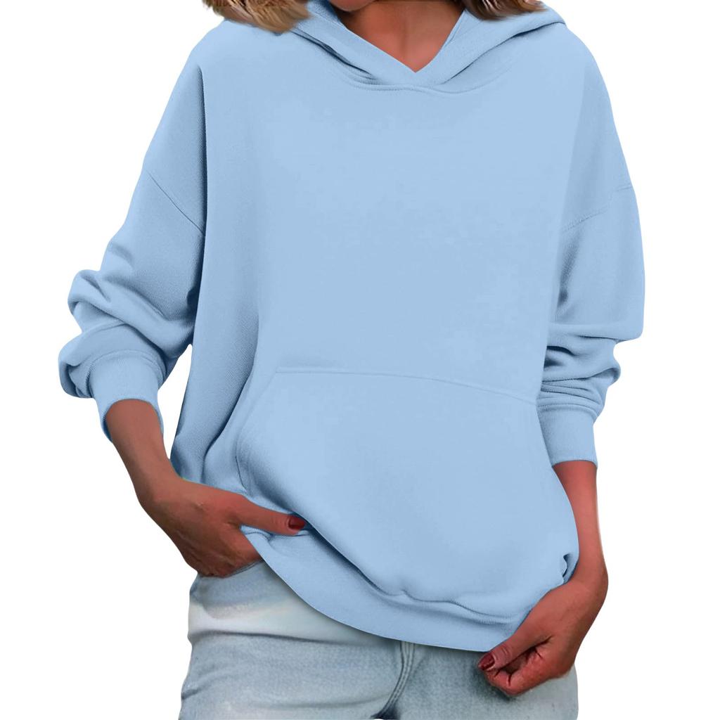 Women's Loose Long Sleeved Solid Color Casual Fleece Pullover Hooded Sweatshirt