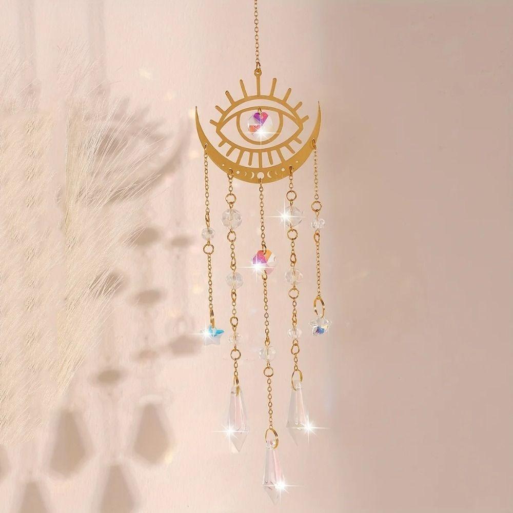 Rainbow Maker Golden Flame Moon Crystal Pendant AB Colourful Hanging Sunshine Catcher Moon Eye Moon Hanging Decoration Garden