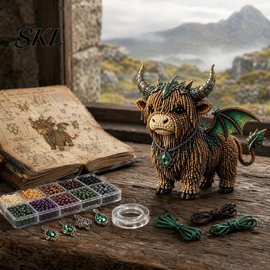 Artistic Home Decor Craft Highland Cow Bead Kit, Mythical DIY Tiny Complete Crafting Set 3D Beaded Animal, Art Project for Adults Teens Handmade Gift