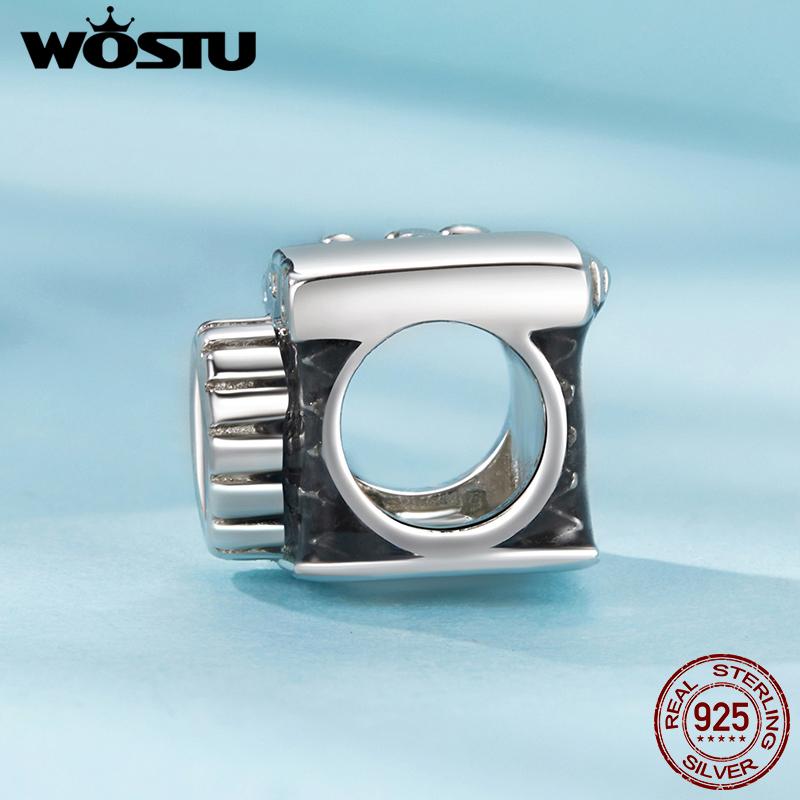 WOSTU 925 Sterling Silver Black Camera Charm Shiny Zircon Travel Beads Fit Original Bracelet DIY Jewelry Make Holiday gift