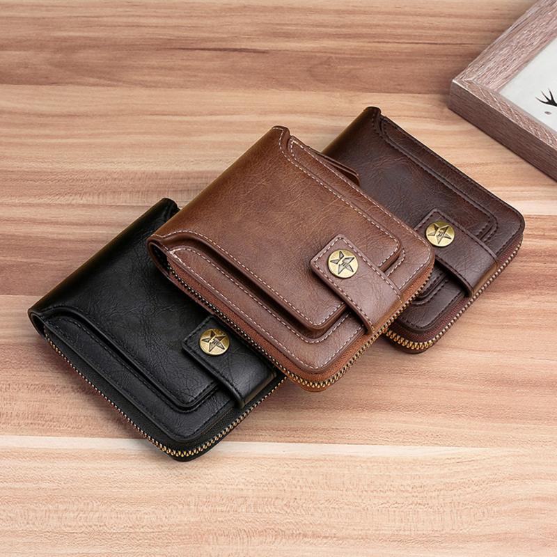 Vintage Men Wallet Short Purse Hasp Zipper Card Case Purse Solid Color PU Leather High Quality Durable Wallet Convenient Male