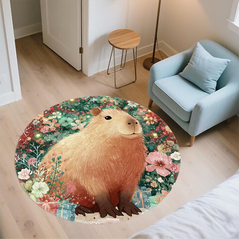 Christmas Capybara pattern round rug,Carpet Rug for Living Room Bedroom Playroom ,Non-slip Floor Mat,Holiday Gifts and Birthday Gifts.