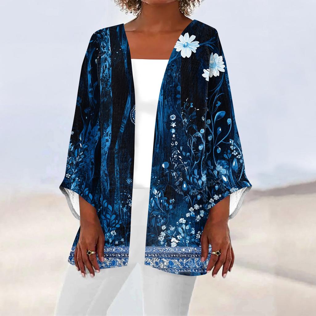 Women's Casual And Fashionable Printed Lightweight Mid Length Jacket Cardigan Cardigan
