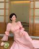 Spring Sweet Back Puff Sleeve Midi Dress Women Autumn Pink Bandage Dress Elegant Chiffon Long Dresses Female