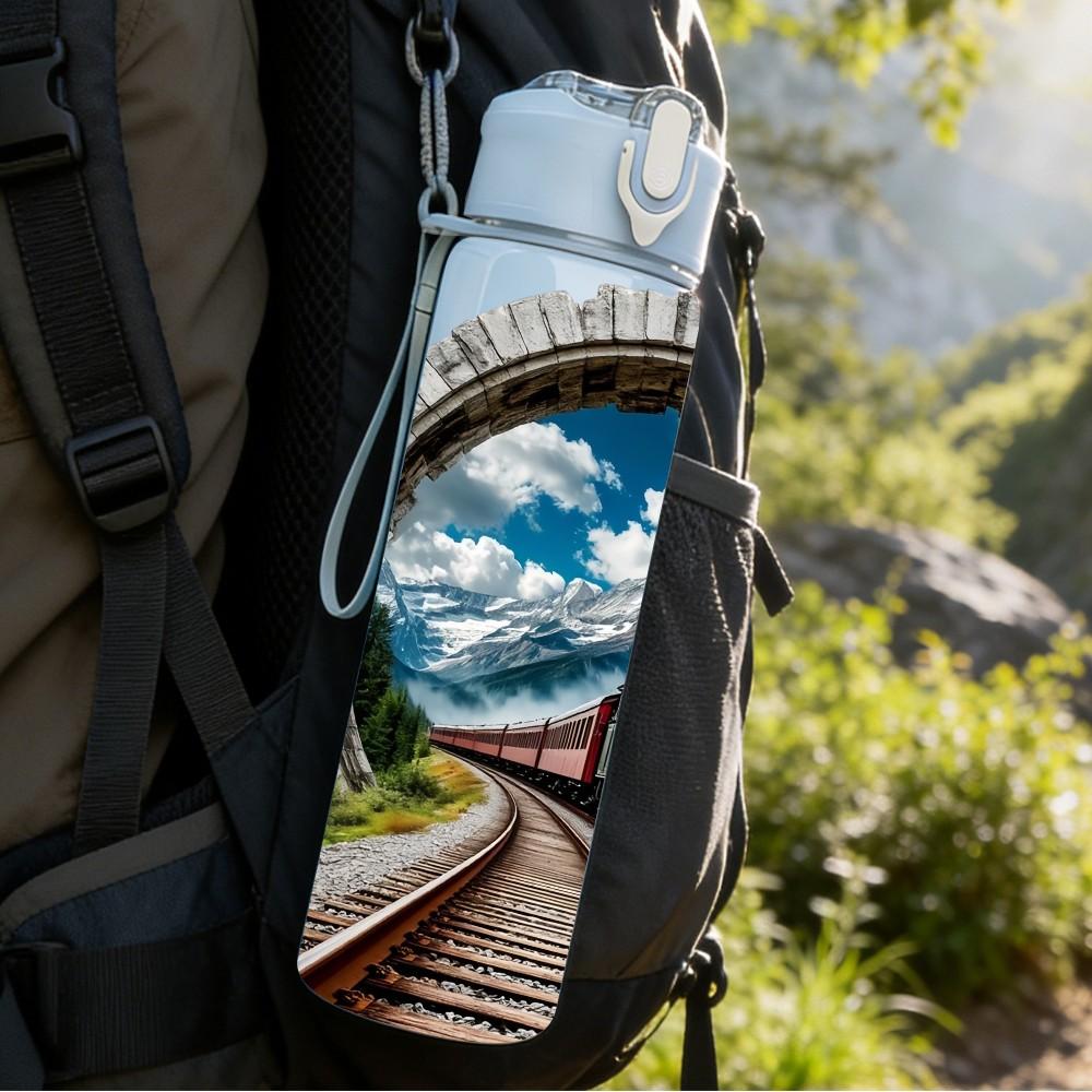 1PC Railway Tunnel Landscape Pattern 750ml Color Plastic Sports Water Bottle Leakproof Flip Straw Lid Suitable for Sports Office Home Use