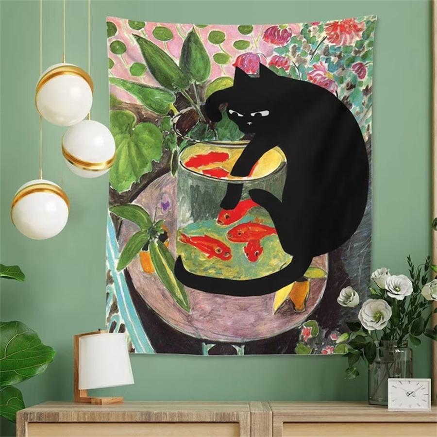 1pc CURIOUS KITTY Tapestry Wall Hanging Cat & Goldfish Aesthetic Room Decor Tropical Plants Art Painting Print Dorm Bedroom Gift