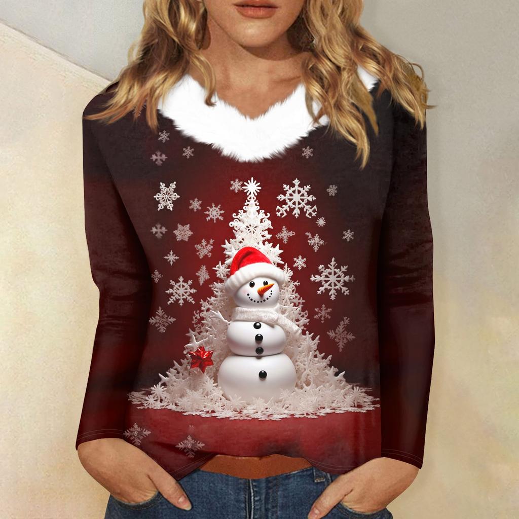 Женская футболка с длинным рукавом, рождественская вечеринка, плюшевый воротник, топ с V-образным вырезом