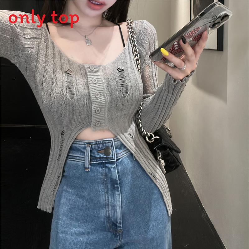 Sheer Knit Sweater With Hollow Out Pattern For Autumn Casual Wear