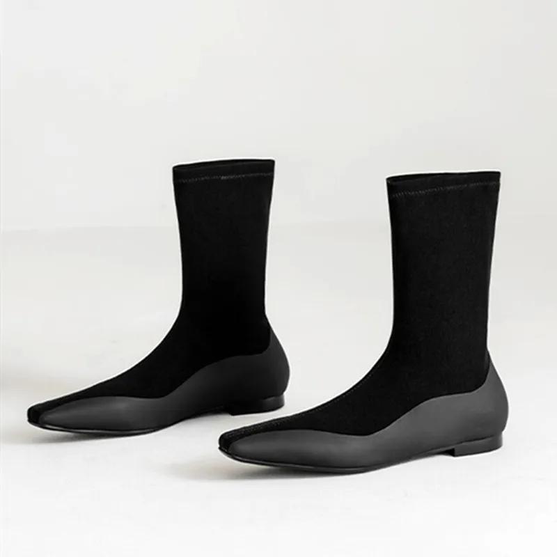 Модные черные сапоги с плоским квадратным носком и внутренней частью, эластичные сапоги для женщин, модные тонкие сапоги из эластичной ткани до колена, зимняя теплая удобная обувь 2025 года