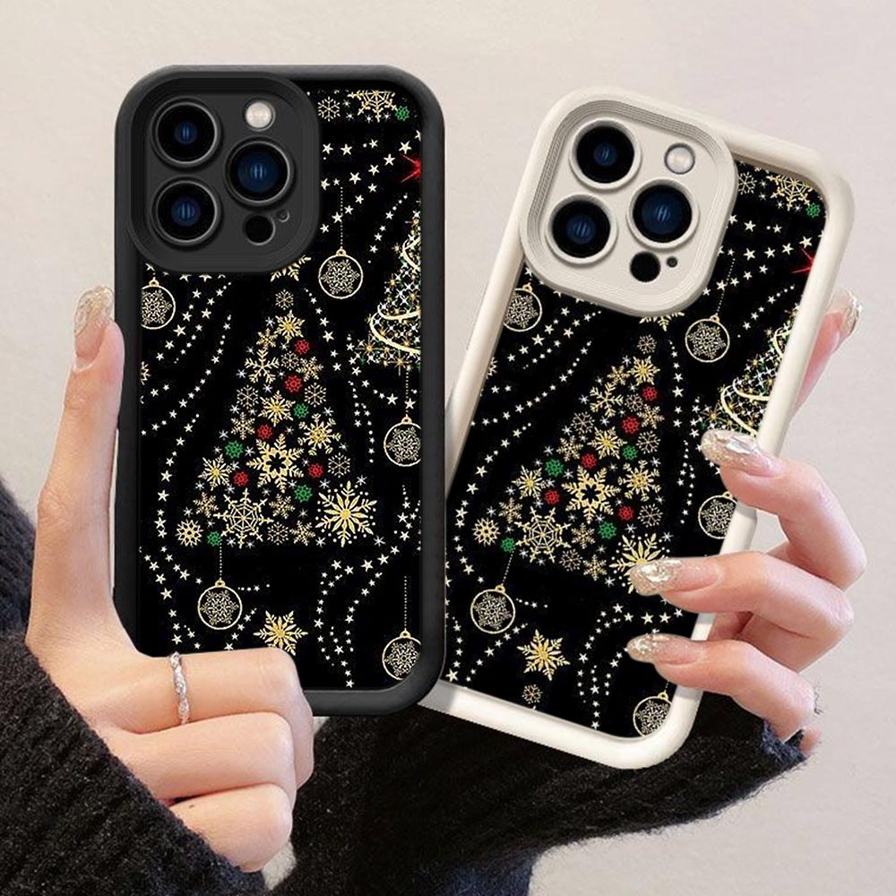 JT135 Рождественская Черно-Золотая Снежинка Дерево для iPhone 17 16 15 Pro Max Samsung S26 S25 Ultra A17 A16 A07 A56 Xiaomi 15T Redmi 15c 14c 13C Мягкий Чехол