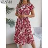 Женская мода лето весна цветочный узор принт с коротким рукавом и круглым вырезом с высокой талией повседневные платья
