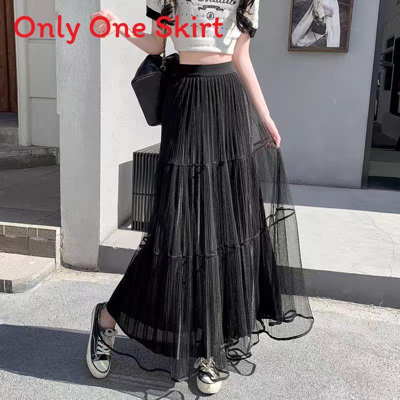 Cotton Blend Mesh Maxi Skirt With Pleats For Summer Casual Women