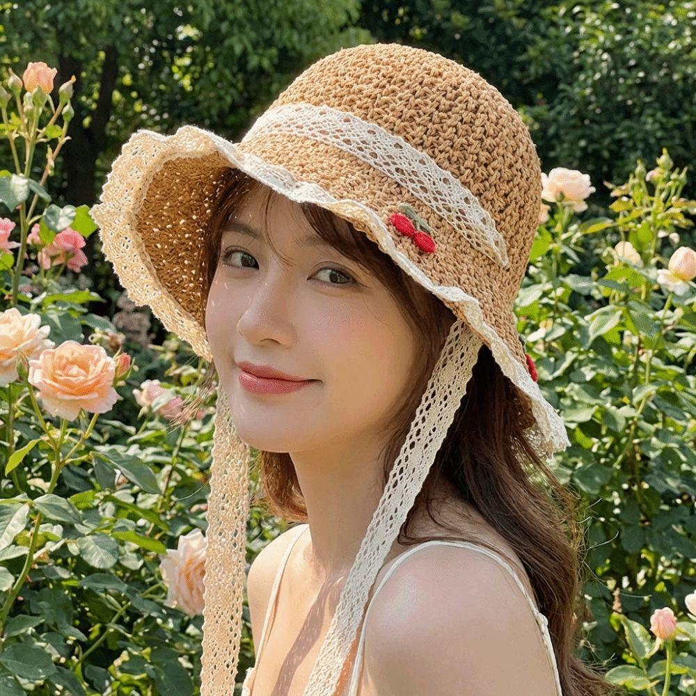 Cherry Embroidered Straw Fisherman Hat Lace Woven Bucket Hat Retro Women Sun Hat Ladies