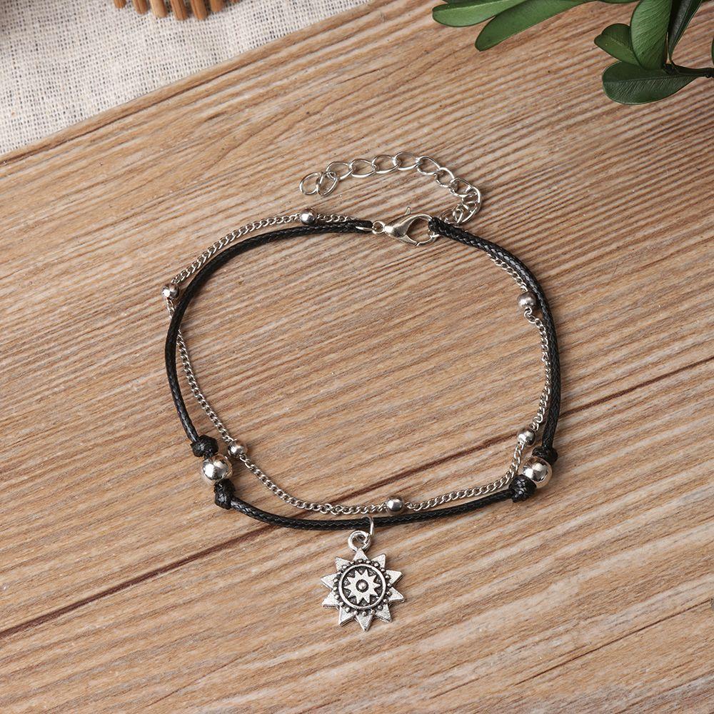 Vintage Fashion Leather Multi Layer Women Anklets Sun Pendant Beads Charm Foot Chain
