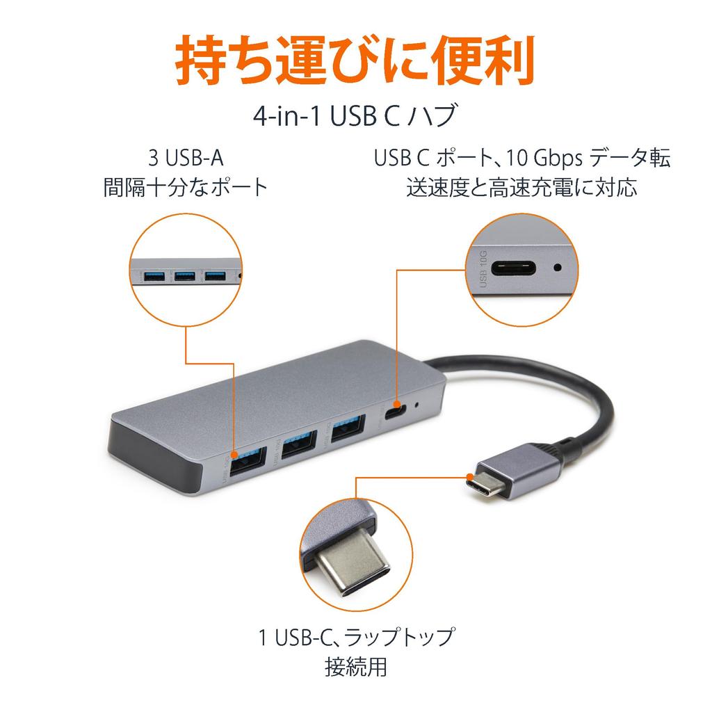 Amazon Basics USB Gen 2 Hub To Compatible with Black 3.2/3.1 Dock, 10Gbps, USB-C 1xUSB-C / 3xUSB-A Windows/Mac, Silver,