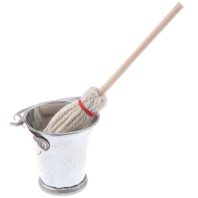 2 Pcs/Set Scale 1:12 Dollhouse Kitchen Garden Mop Bucket Creative Toys Gifts