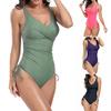 One-piece Monokini V Neck Elastic Quick Dry Soft Skinny Drawstring Pleated Soft