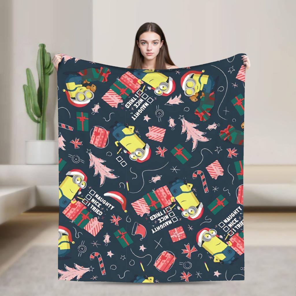 M-Minions Cartoon Christmas Flannel Blanket Warm Throw Blanket for Outdoor Travel Comfortable Bedspread Sofa Bed Cover