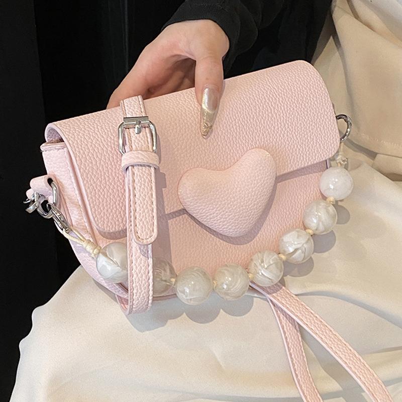 Fashion Beaded Single Shoulder Bags Women's Texture Leather Party Crossbody Bag Sweet Ladies Simple Square Handbags Trend