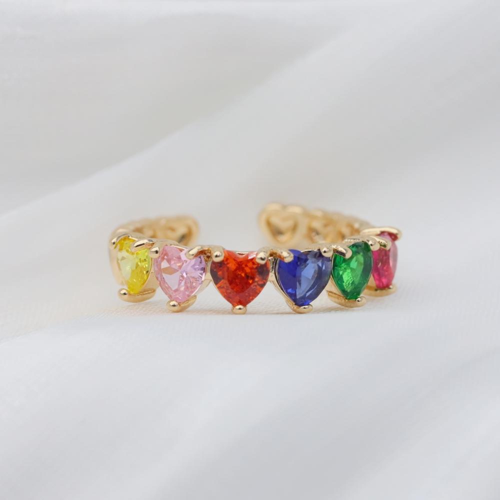 Trendy Double Heart Zirconia Open Rings, Golden Tone Adjustable Finger Ring for Party & Daily Wear