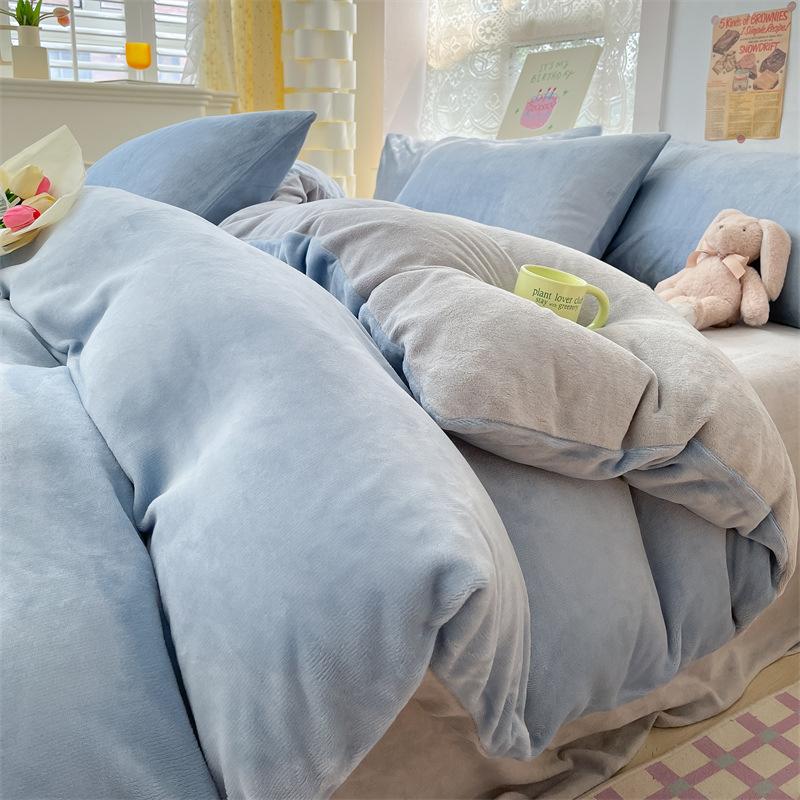 Thickened Milk Fleece Four-Piece Set, Solid Color Coral Fleece Bed Sheet Quilt Cover, Fleece Bedding Three-Piece Set