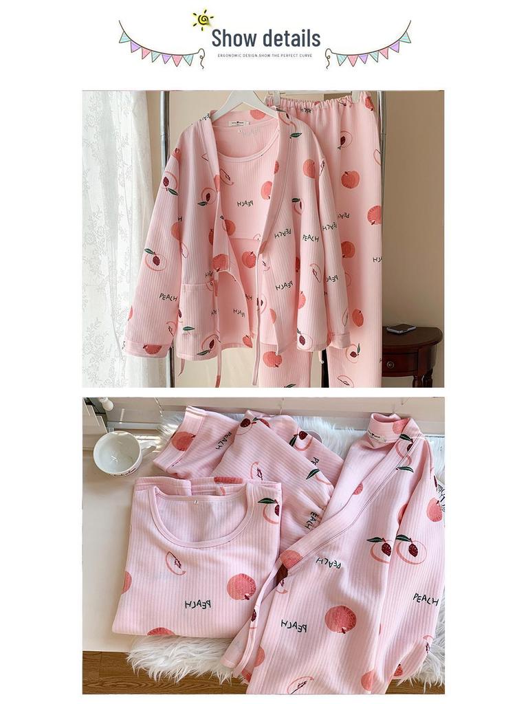 Зимний комплект из трех предметов для беременных из воздушного хлопка 2024: Утолщенное кимоно для послеродового кормления грудью и домашней носки.