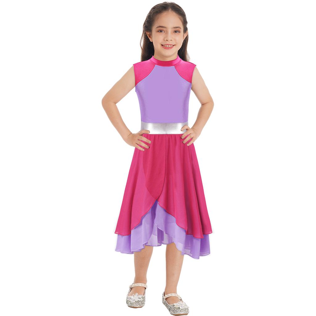 Girls Praise Dance Dress Color Block Mock Neck Sleeveless Tiered Wrap Hem Lyrical Performance Gown