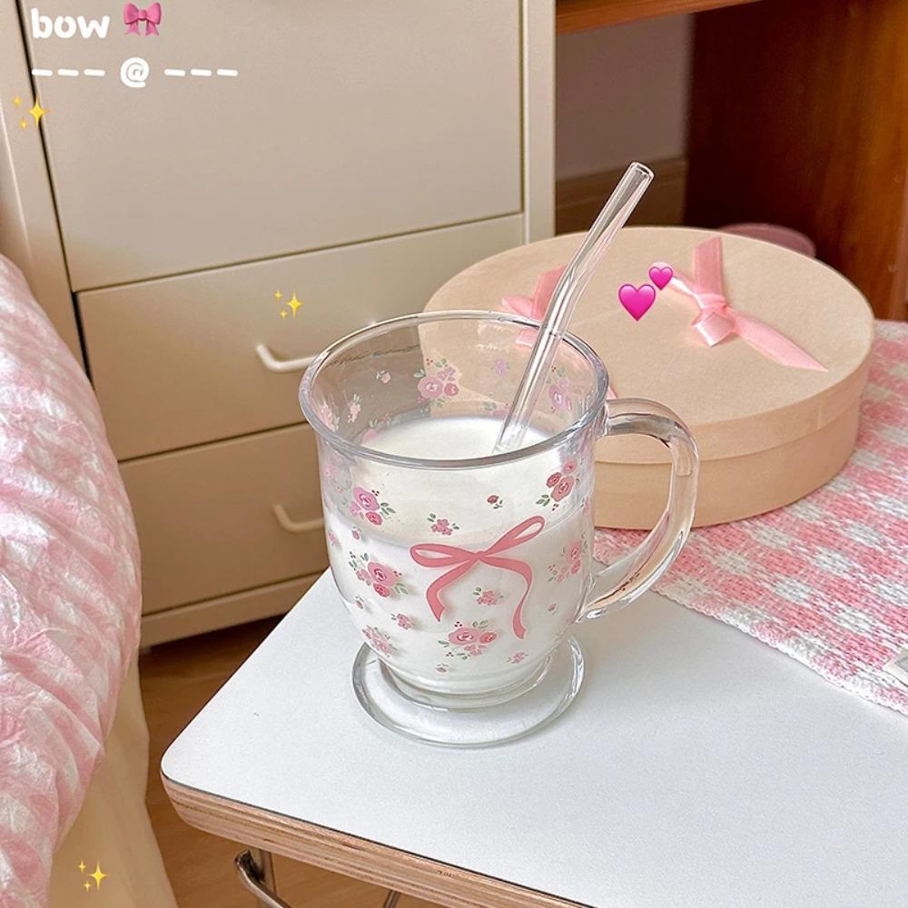 Kawaii Bowknot Стеклянные чашки, стаканы, эстетичные милые корейские кружки с цветком для льда, кофе, сока, пива, молока, чая, стаканы, чаши для девочек