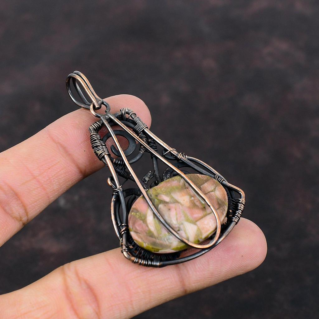Медный розовый опаловый кулон, обернутый медной проволокой, драгоценный камень, кулон, розовое опаловое ювелирное изделие, кулон ручной работы, обернутый медной проволокой, ювелирное изделие, подарок для матери