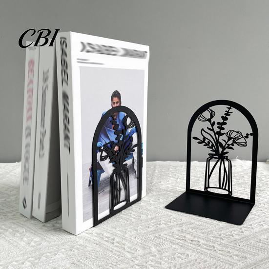Metal Bookend 1 Pair Flower Bookends, Decorative Vase Book Ends for Shaped Shelves, Black Holder Stopper Home Office Reading Room Desktop