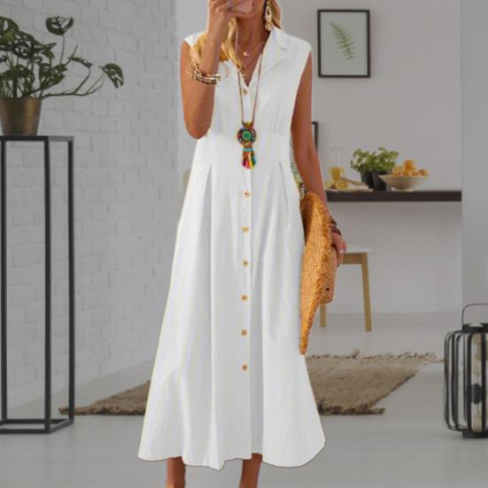 A-Line Dress Elegent Beauty Lady Dress Single-breasted Large Hem Long Dress Solid Color