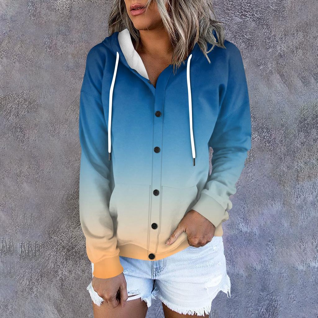 Women's Hoodie, Solid Color Gradient Printed Long Sleeved Loose Hooded Sports Jacket