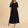 Women's Fashion Solid Color Dress Large Loose Cotton Linen Round Neck Five-Part Sleeve Mid-Length Dress