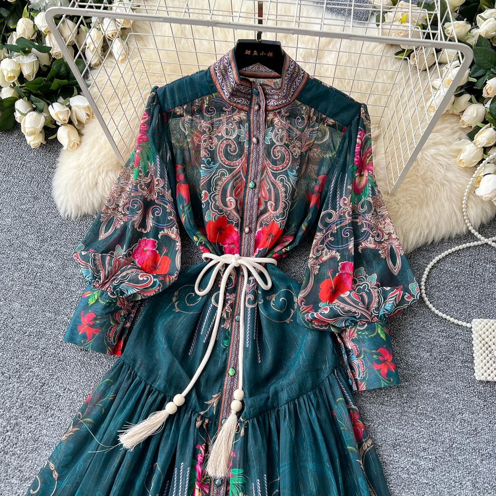 Весна-лето Женское винтажное платье с принтом дворца на подиуме с рукавами-фонариками Длинные макси-платья для отдыха на пляже с поясом