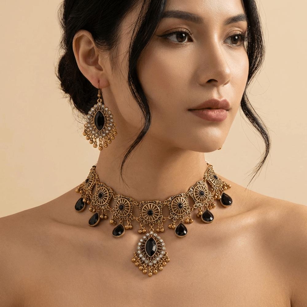 Metal Necklace Earrings Set Water Drop Pendant Ethnic Style Necklace Set  Wedding Party